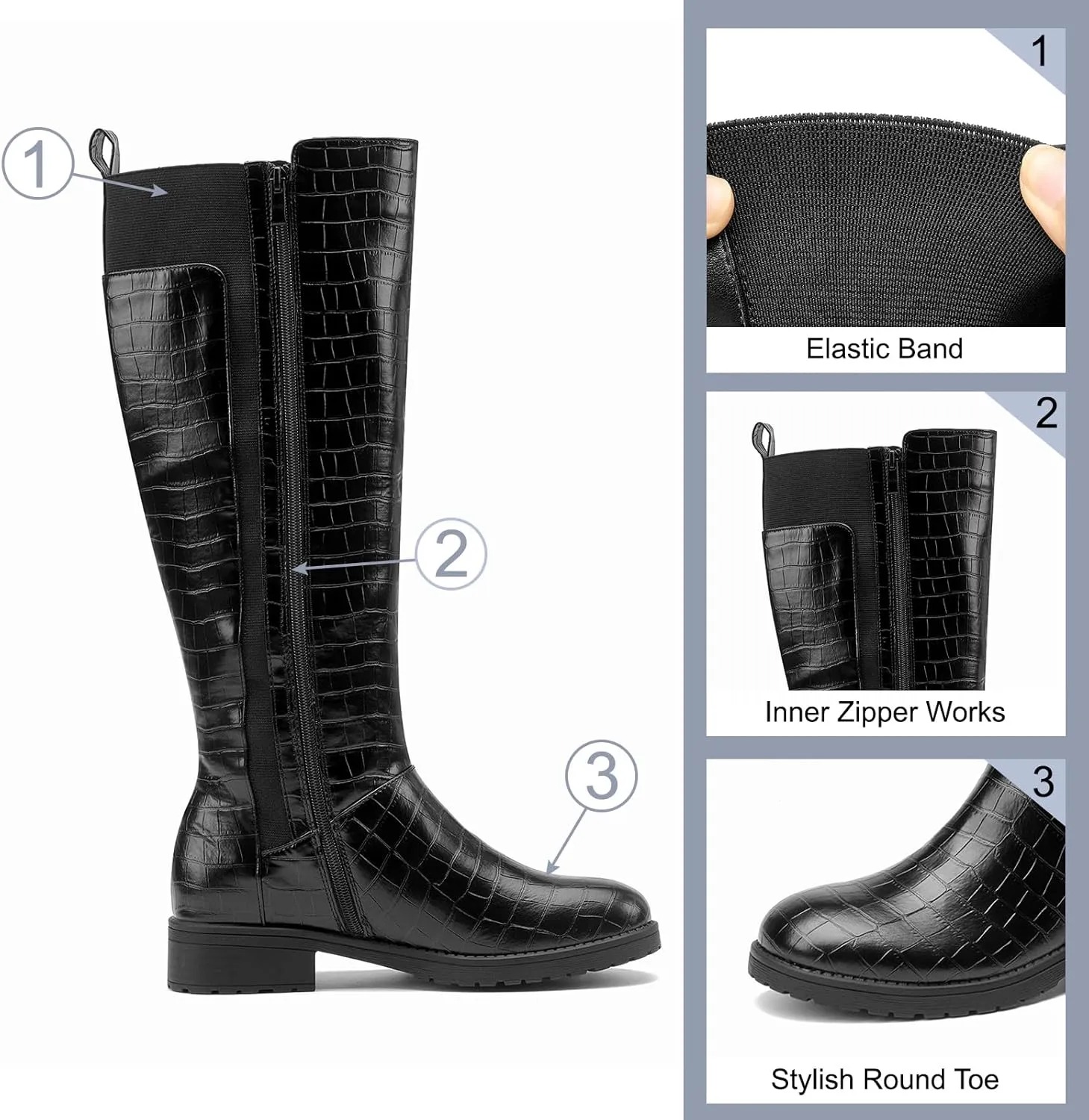 Women's Flat Low Heel Knee High Boot Fashion Extra Wide Calf Boots Side Zip Stretch Winter Booties