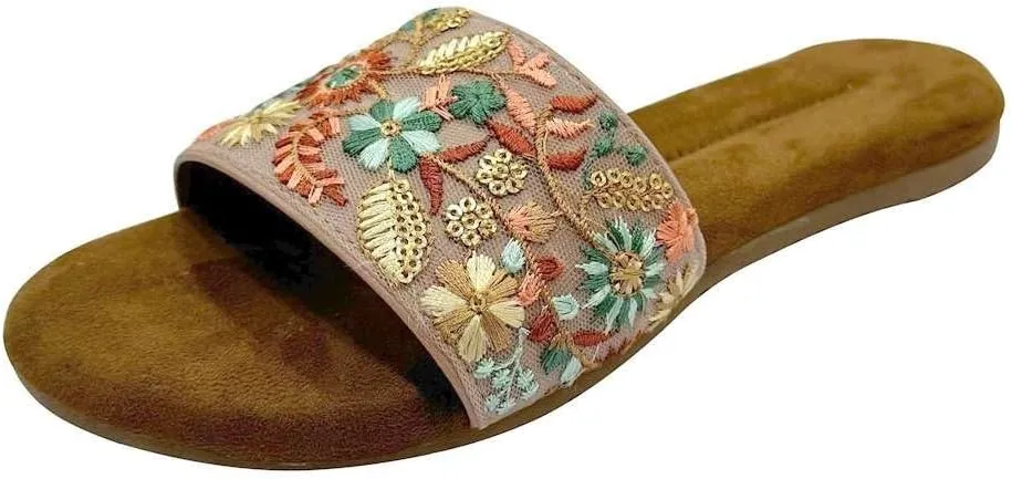 Women's Flat Sandals Fashion Slides Ethnic Round Open Toe Slippers for Summer US_9