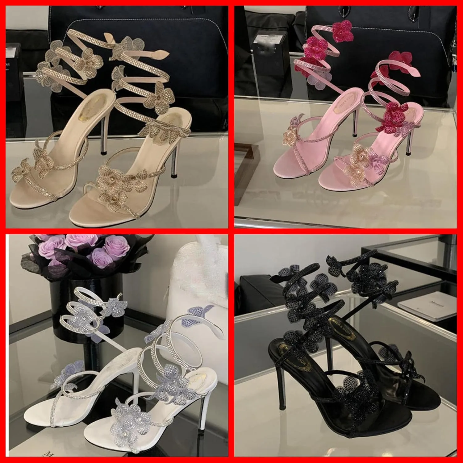 Women’s Floral Rhinestone Spiral Strap High Heels – Sexy Open Toe Lace-Up Heels, Pink Flower Wrap Around Sandals, Sparkly Bling Wedding Party Gladiator Stiletto Heels