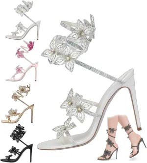 Women’s Floral Rhinestone Spiral Strap High Heels – Sexy Open Toe Lace-Up Heels, Pink Flower Wrap Around Sandals, Sparkly Bling Wedding Party Gladiator Stiletto Heels