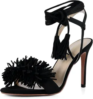 Women's Fringe High Heel Sandals Open Toe Stiletto Tassels Sandals Ladies Fashion Strappy Heeled Sandals