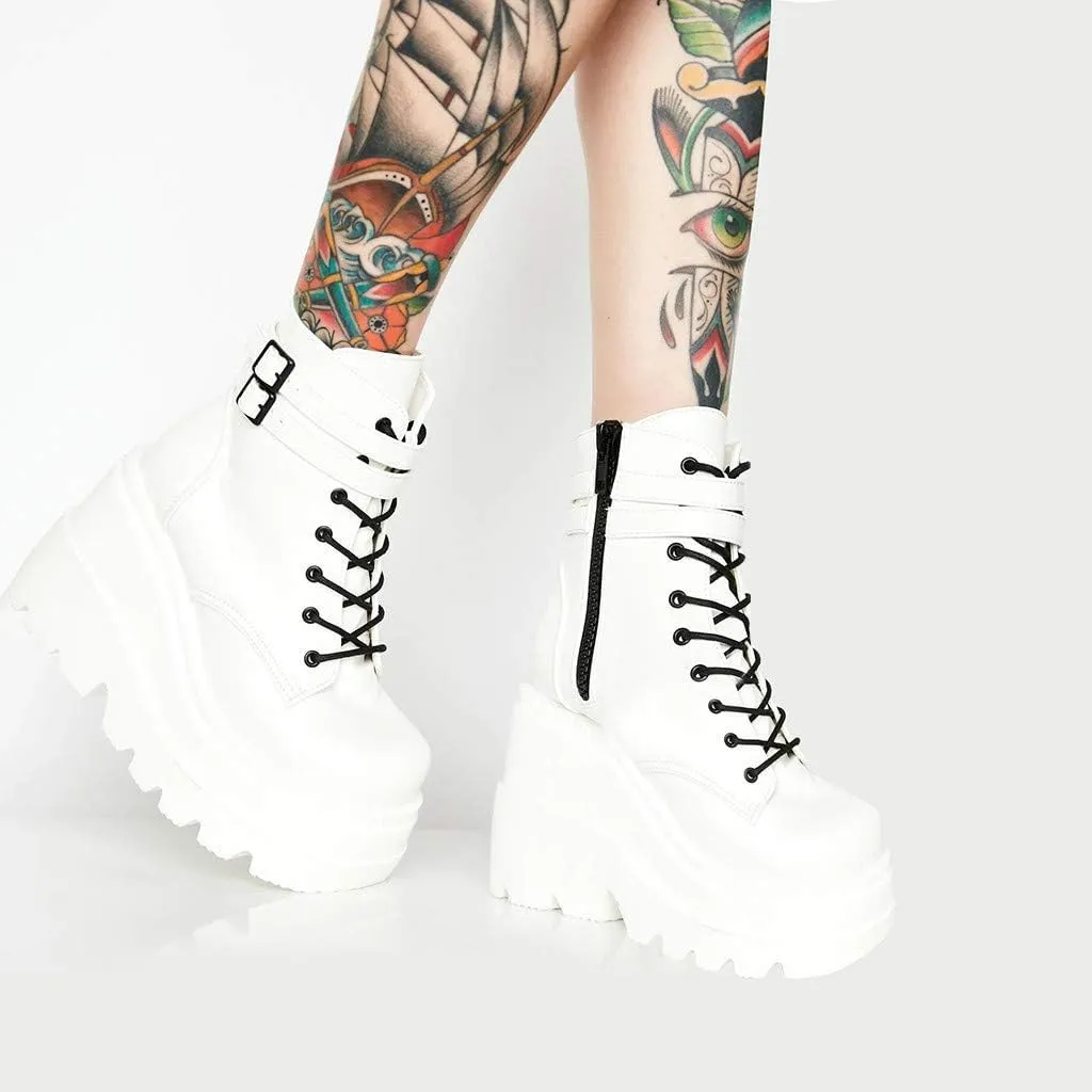 Women's Halloween Fashion Chunky Heel Ankle Booties Lace up Buckle Goth Motorcycle Platform Boot Military Combat Boots