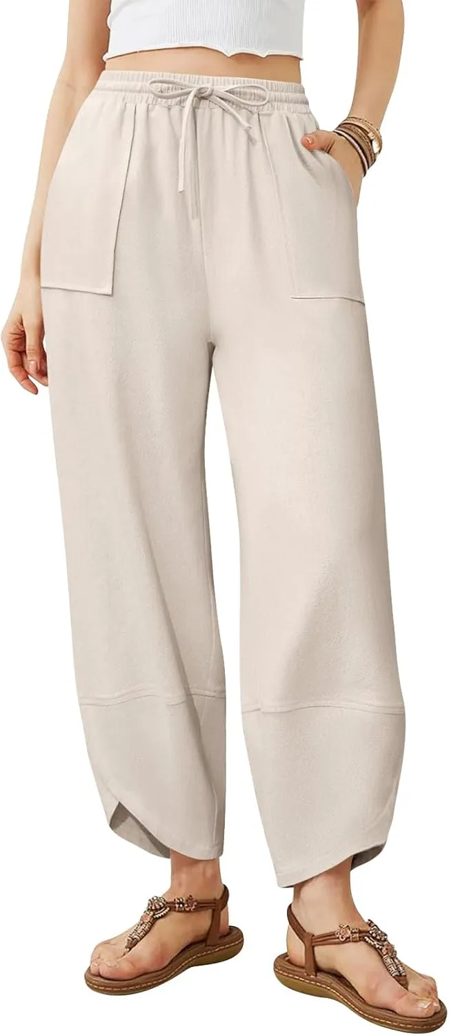 Women's Harem Cotton Linen Pants Wide Leg Barrel Baggy Sweatpants Palazzo Elastic Waist Trousers with Pockets Beach