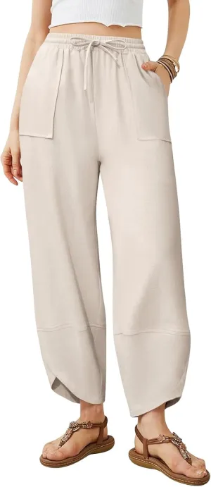 Women's Harem Cotton Linen Pants Wide Leg Barrel Baggy Sweatpants Palazzo Elastic Waist Trousers with Pockets Beach
