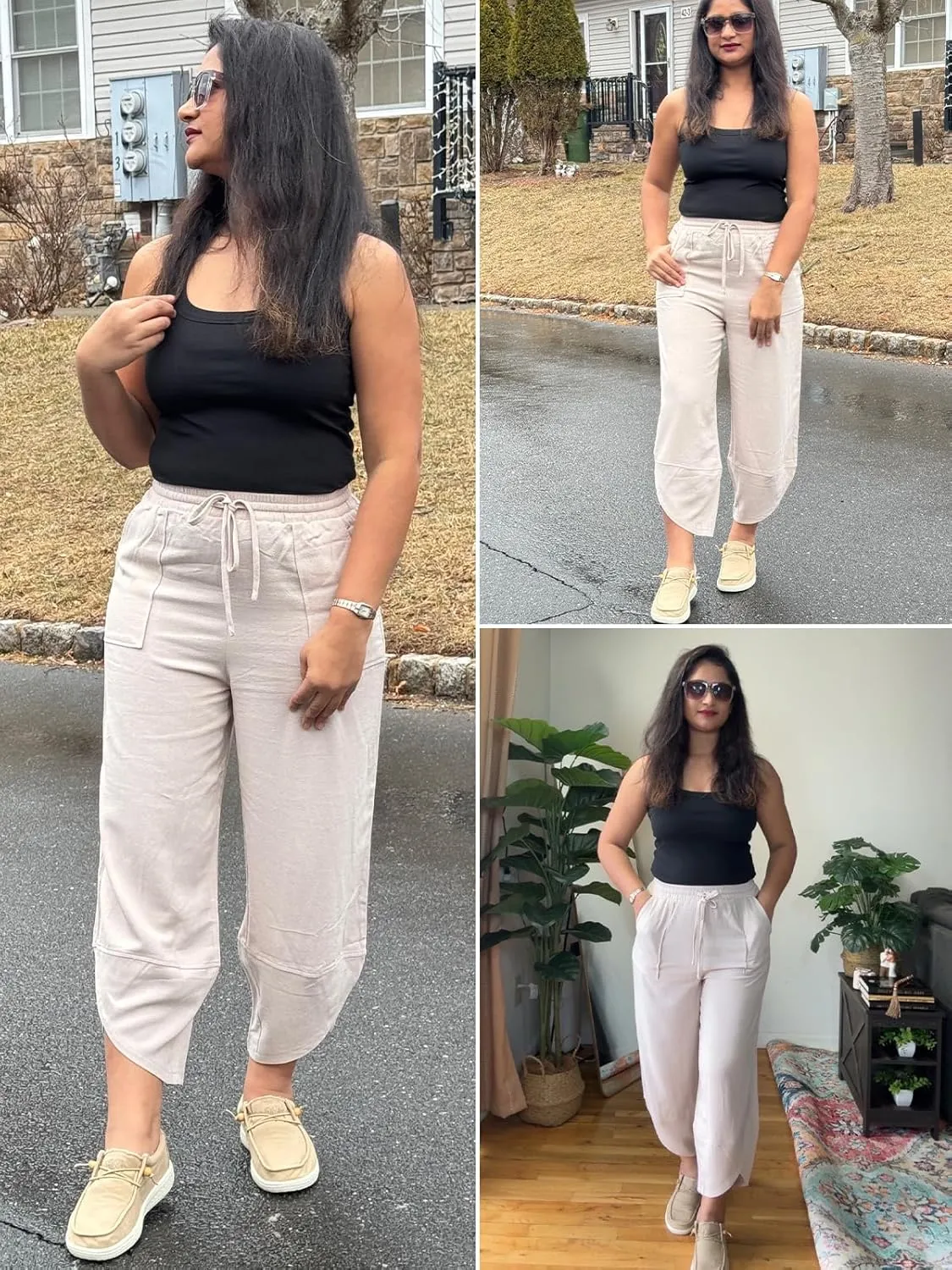 Women's Harem Cotton Linen Pants Wide Leg Barrel Baggy Sweatpants Palazzo Elastic Waist Trousers with Pockets Beach
