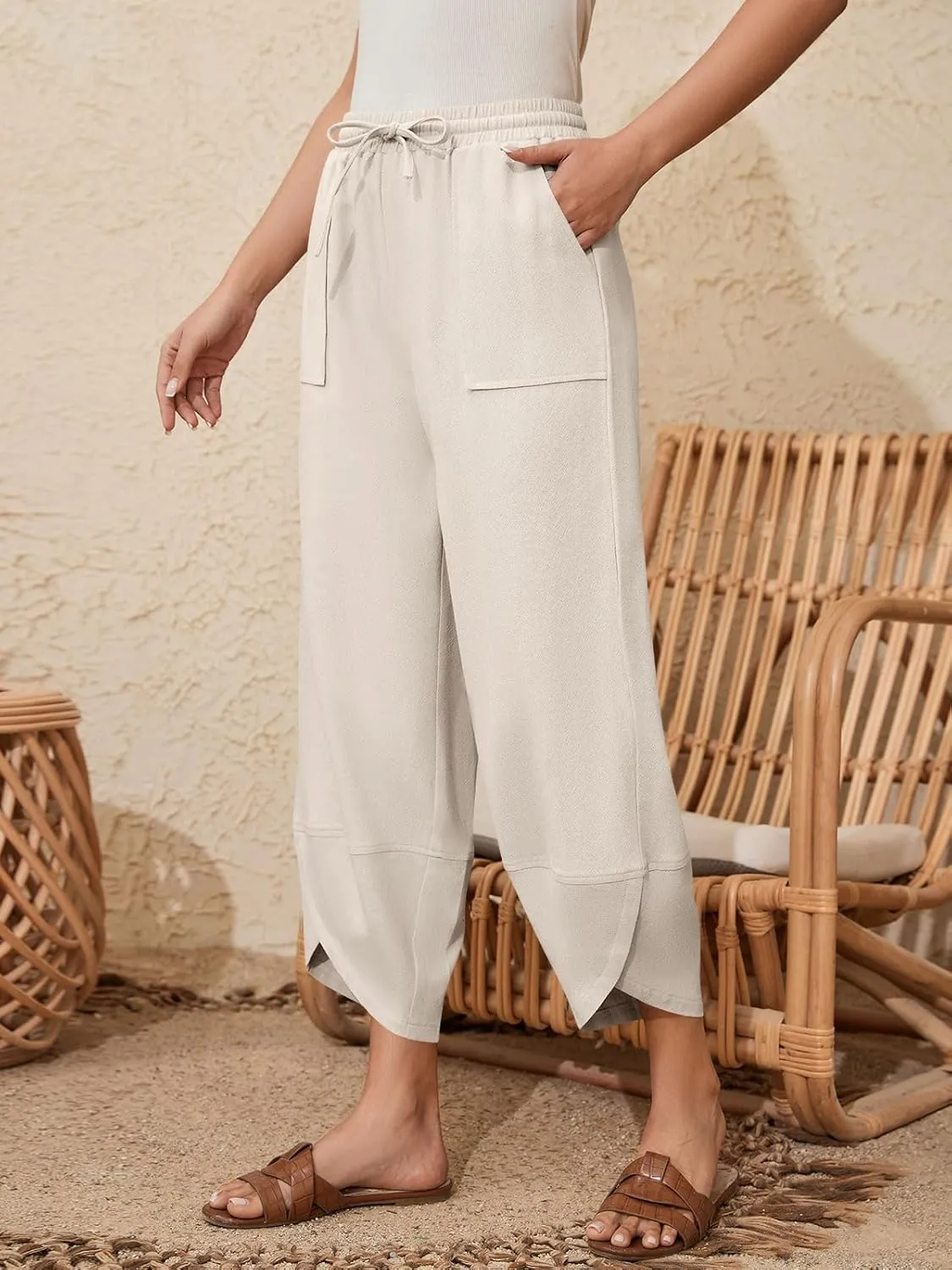 Women's Harem Cotton Linen Pants Wide Leg Barrel Baggy Sweatpants Palazzo Elastic Waist Trousers with Pockets Beach