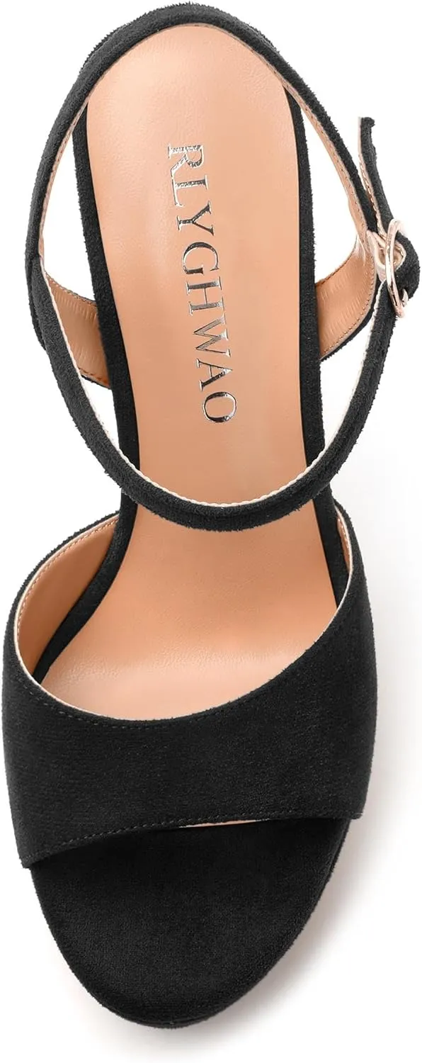 Women's Heeled Sandals, Buckle Ankle Strap Platform High Heels, Round Open Toe Fashion Suede Wedding Working Partying Shoes for Women