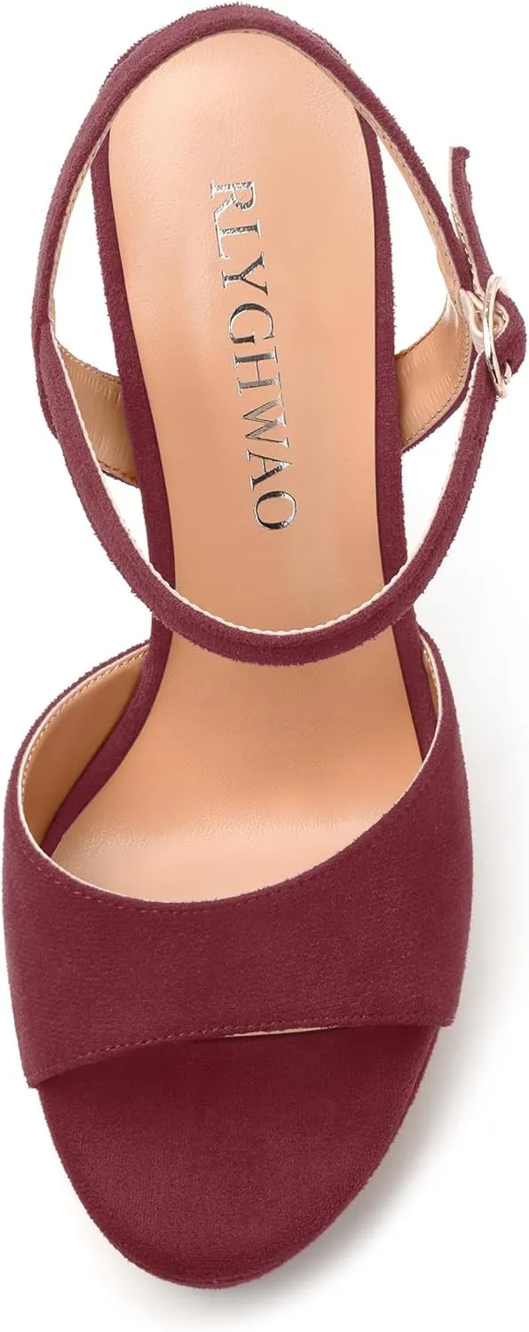 Women's Heeled Sandals, Buckle Ankle Strap Platform High Heels, Round Open Toe Fashion Suede Wedding Working Partying Shoes for Women