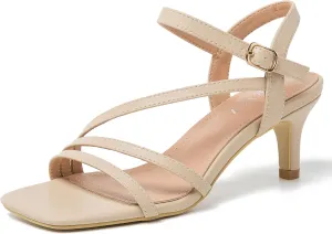 Women's Kitten Heels Strappy Square Open Toe Sandals Ankle Straps Slingback Party Dress Wedding Dance Shoes