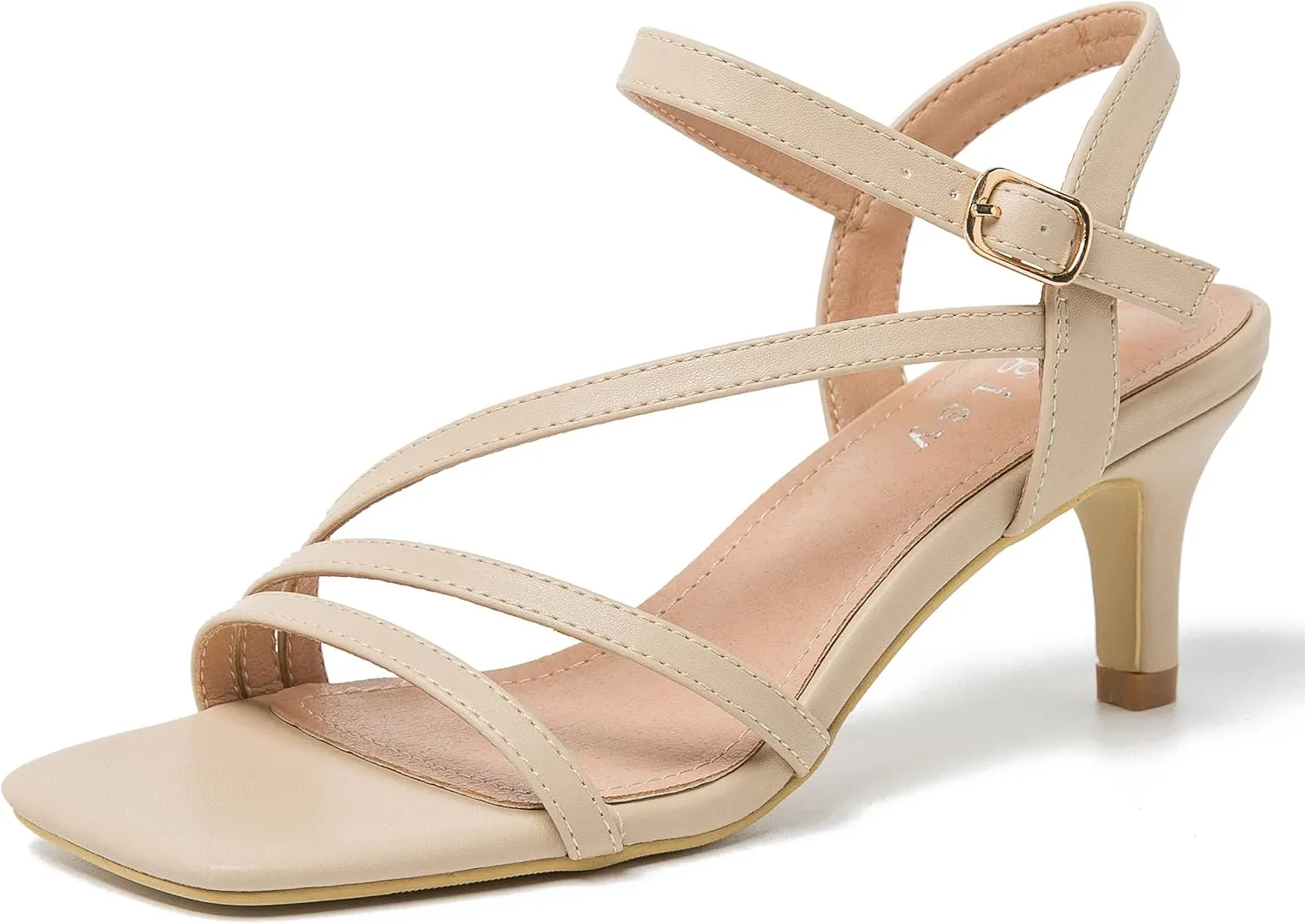 Women's Kitten Heels Strappy Square Open Toe Sandals Ankle Straps Slingback Party Dress Wedding Dance Shoes