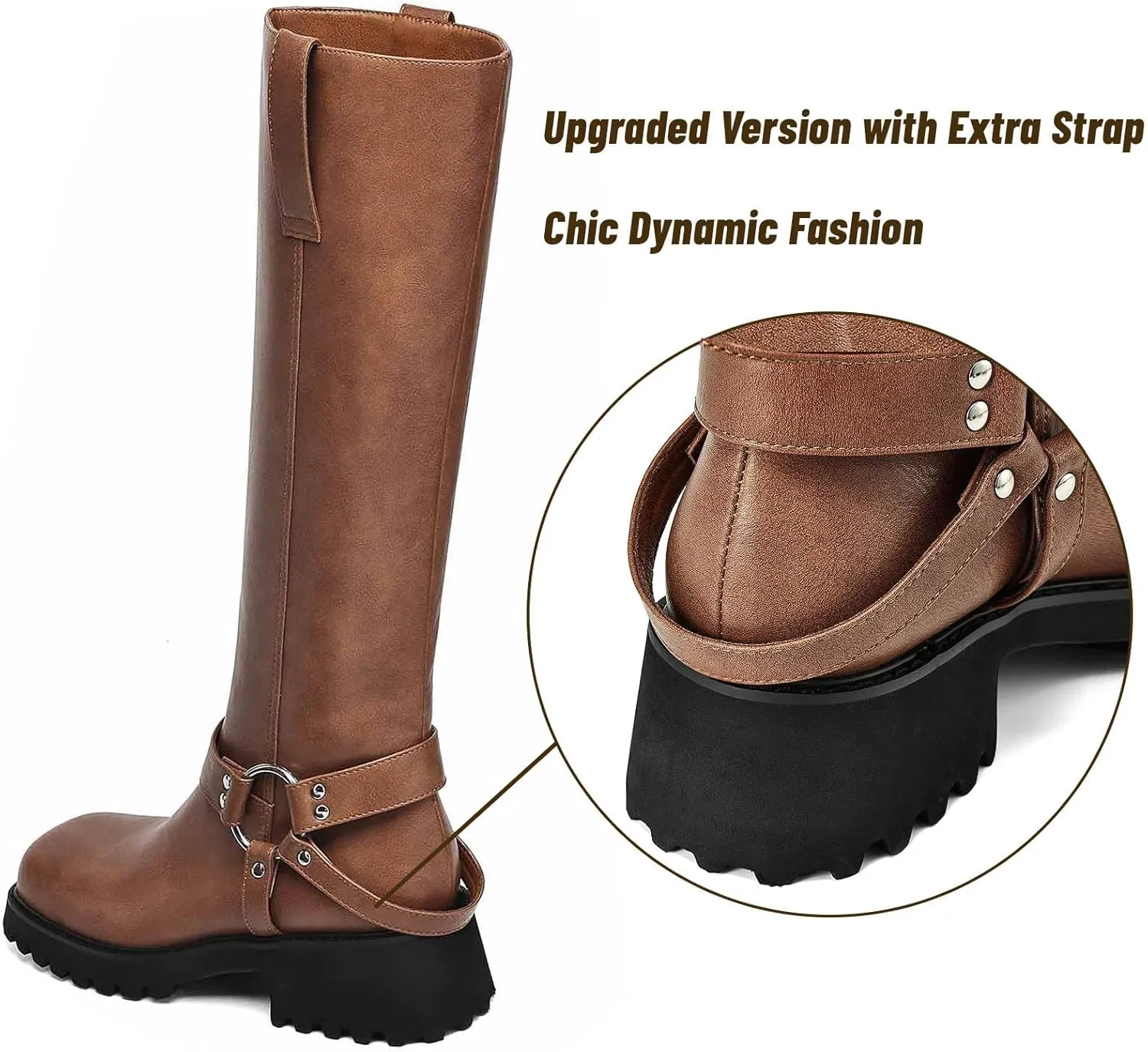 Women's Knee High Boots Square Toe Low Chunky Motorcycle Boots Fashion Buckles Biker Riding Boots ﻿
