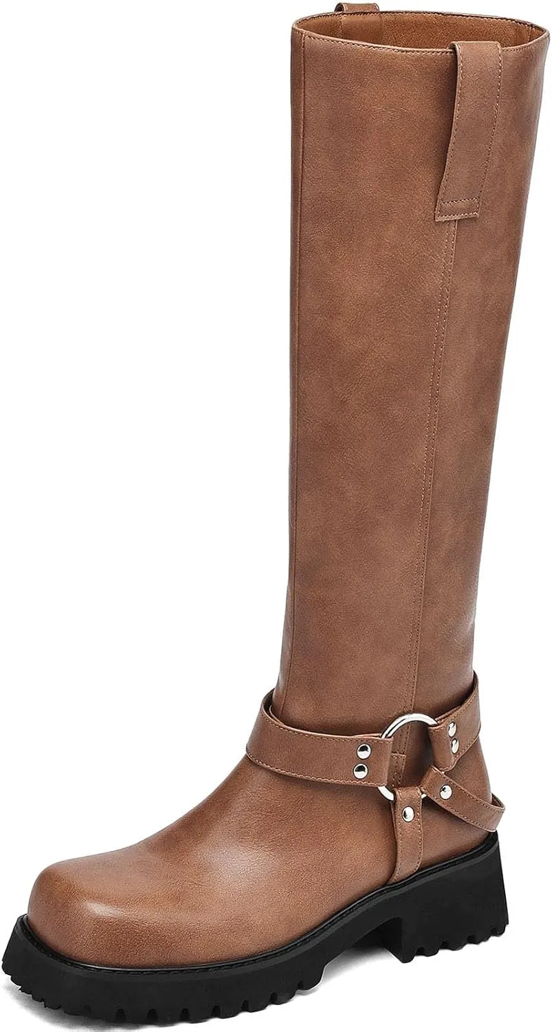 Women's Knee High Boots Square Toe Low Chunky Motorcycle Boots Fashion Buckles Biker Riding Boots ﻿