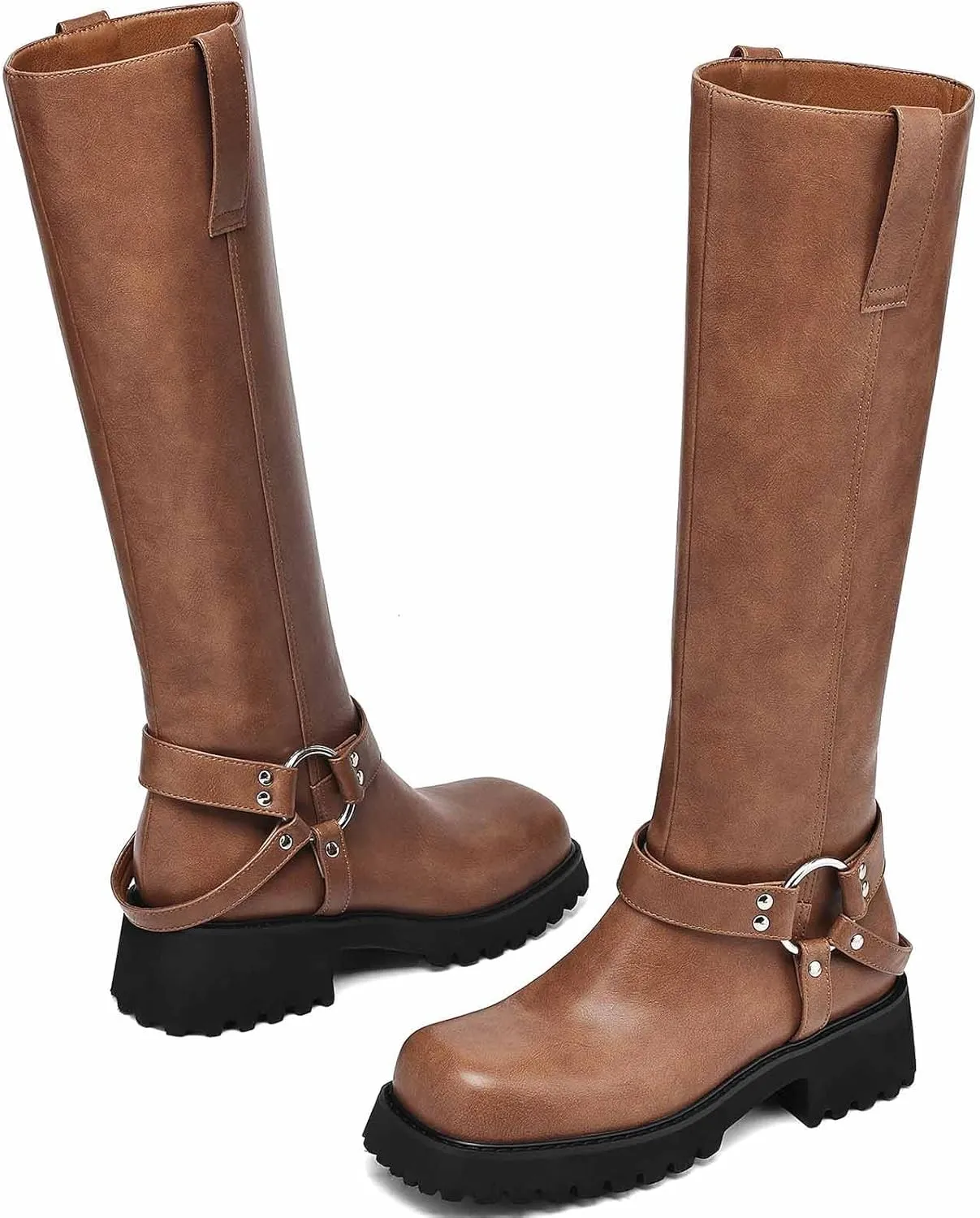 Women's Knee High Boots Square Toe Low Chunky Motorcycle Boots Fashion Buckles Biker Riding Boots ﻿