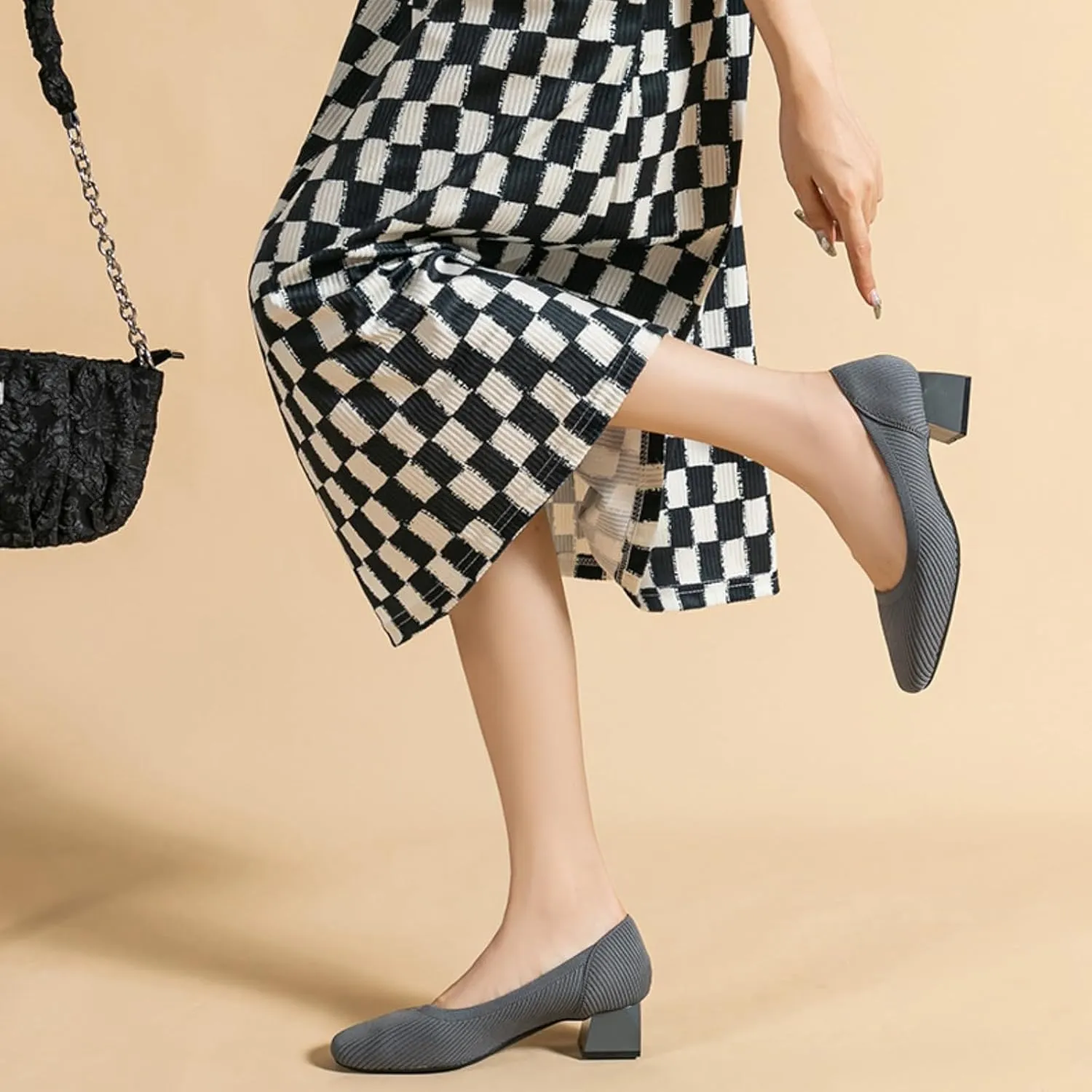 Women's Knitted Chunky Heel Breathable Woven Loafers Classic, Stylish and Chic Platform Slip-On 1.77 inch Mid-Heeled Shoes