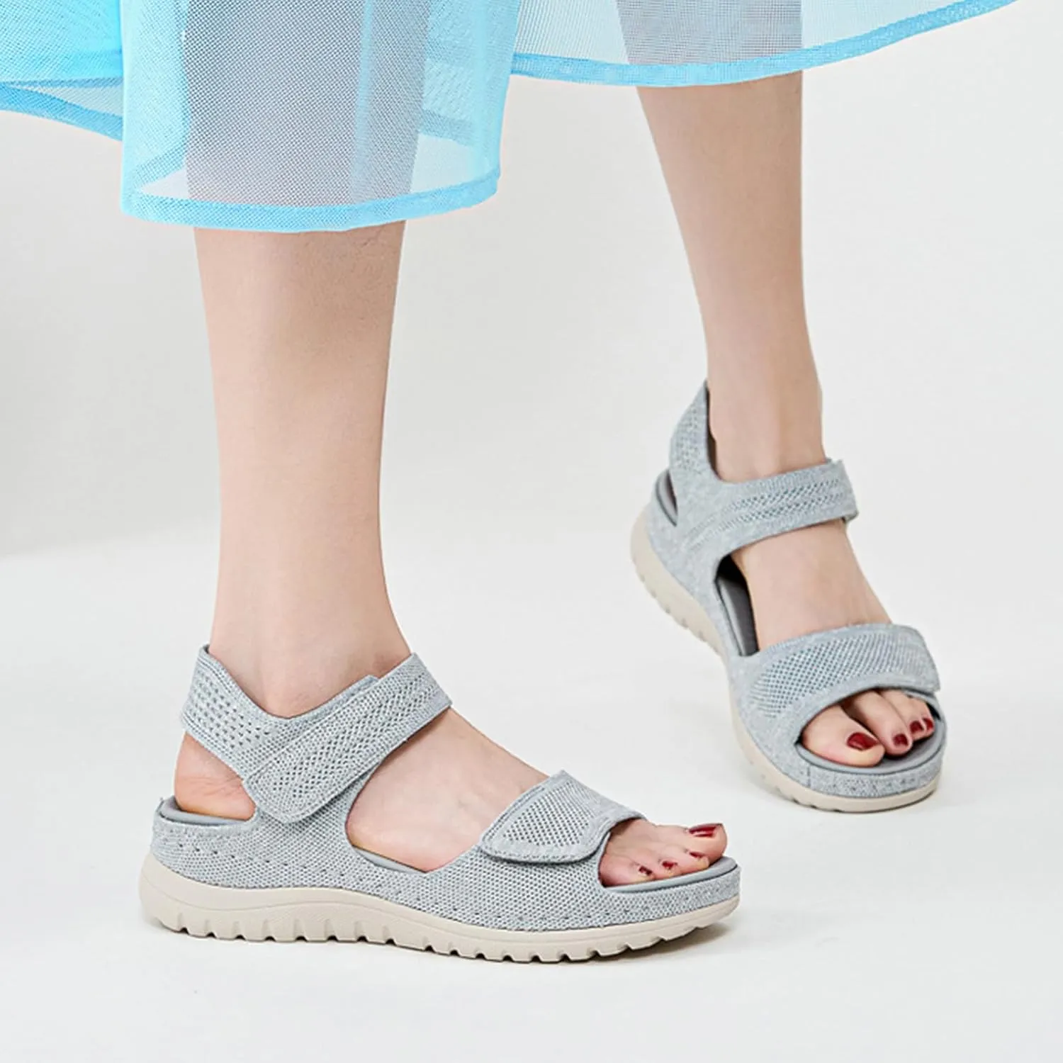 Women's Knitted Mesh Platform Walking Sandals with Arch Support Adjustable Hook and Loop Open Toe Breathable Soft Sole Mam Sandals Lightweight Non-Slip Casual Beach Sandals