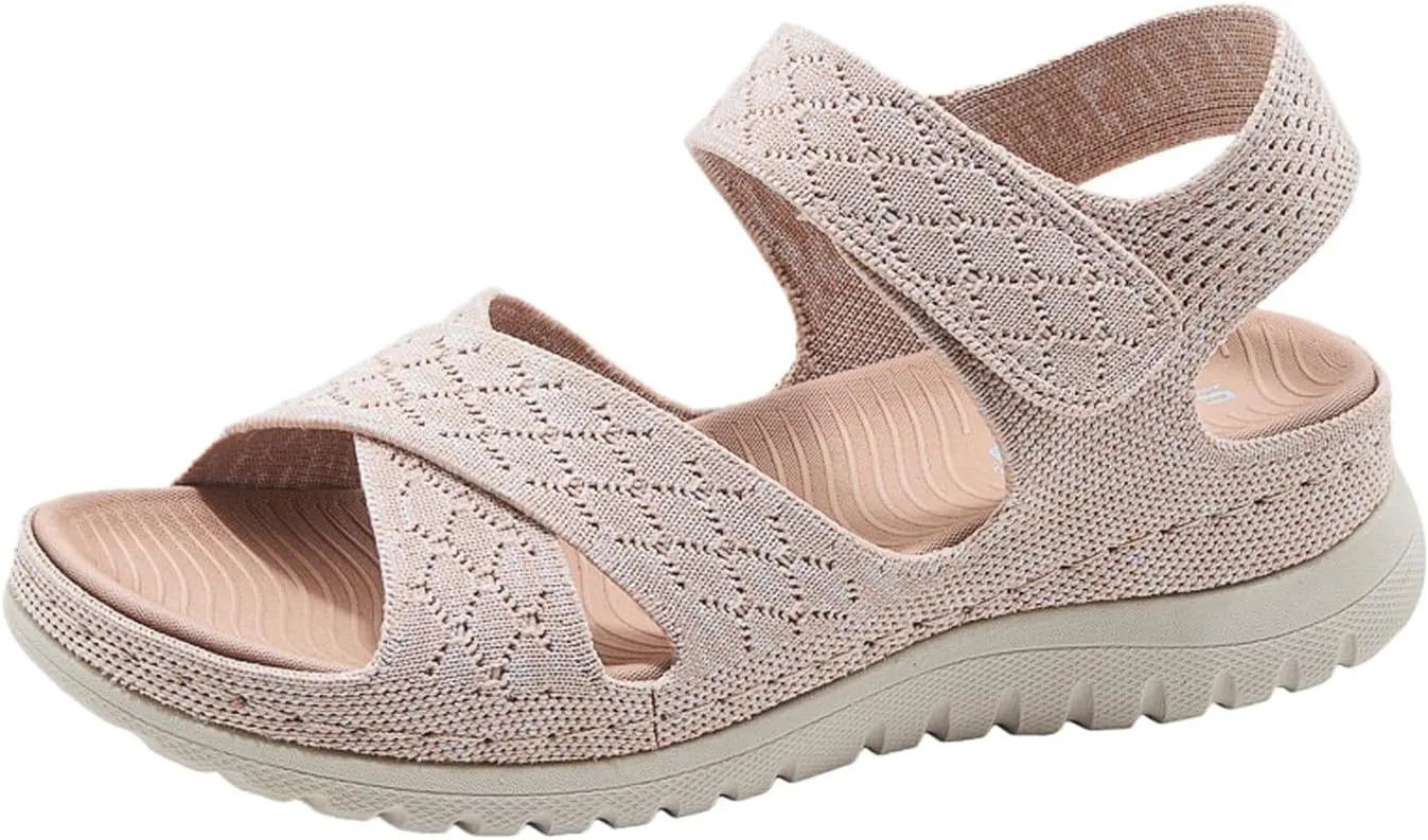 Women's Knitted Mesh Platform Walking Sandals with Arch Support Adjustable Hook and Loop Open Toe Breathable Soft Sole Mam Sandals Lightweight Non-Slip Casual Beach Sandals