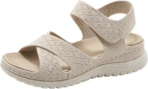 Women's Knitted Mesh Platform Walking Sandals with Arch Support Adjustable Hook and Loop Open Toe Breathable Soft Sole Mam Sandals Lightweight Non-Slip Casual Beach Sandals