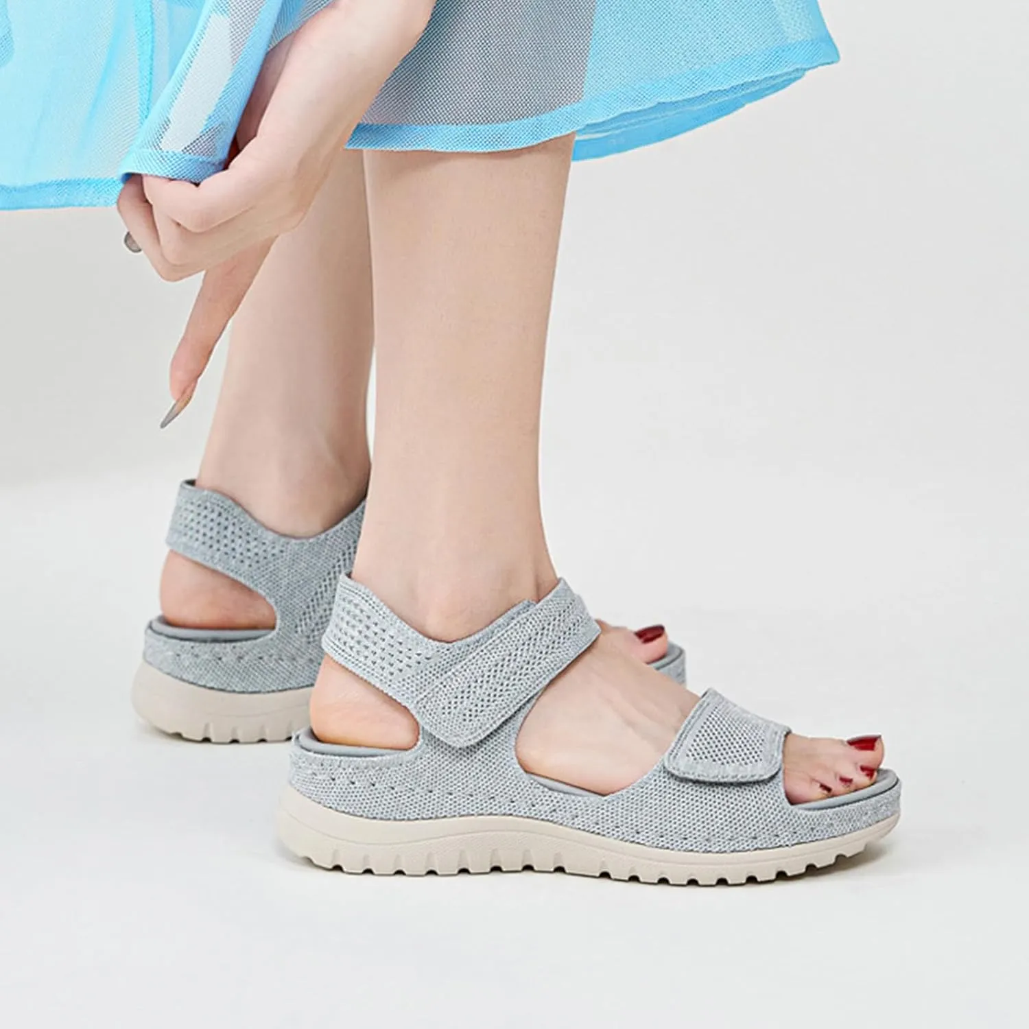 Women's Knitted Mesh Platform Walking Sandals with Arch Support Adjustable Hook and Loop Open Toe Breathable Soft Sole Mam Sandals Lightweight Non-Slip Casual Beach Sandals