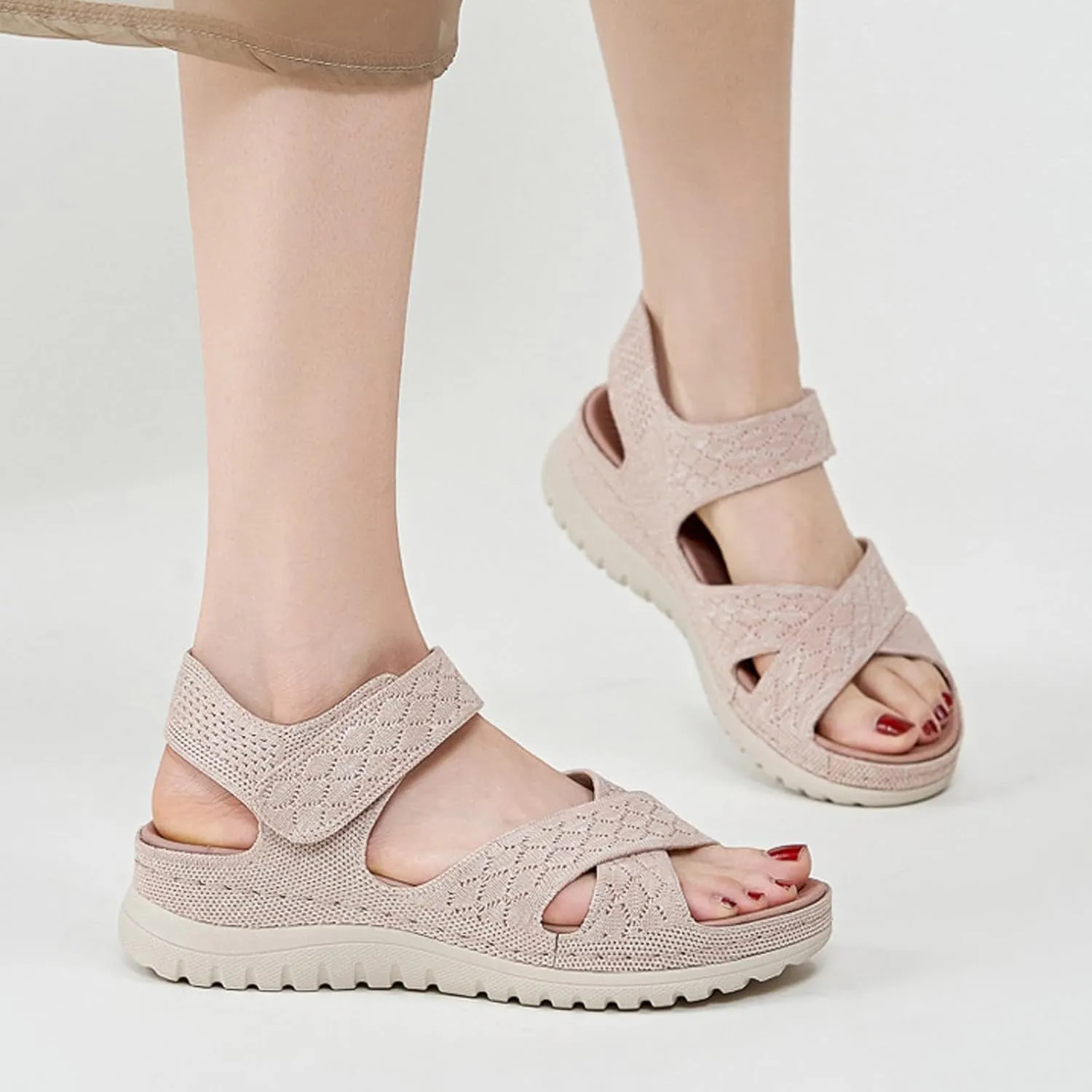 Women's Knitted Mesh Platform Walking Sandals with Arch Support Adjustable Hook and Loop Open Toe Breathable Soft Sole Mam Sandals Lightweight Non-Slip Casual Beach Sandals