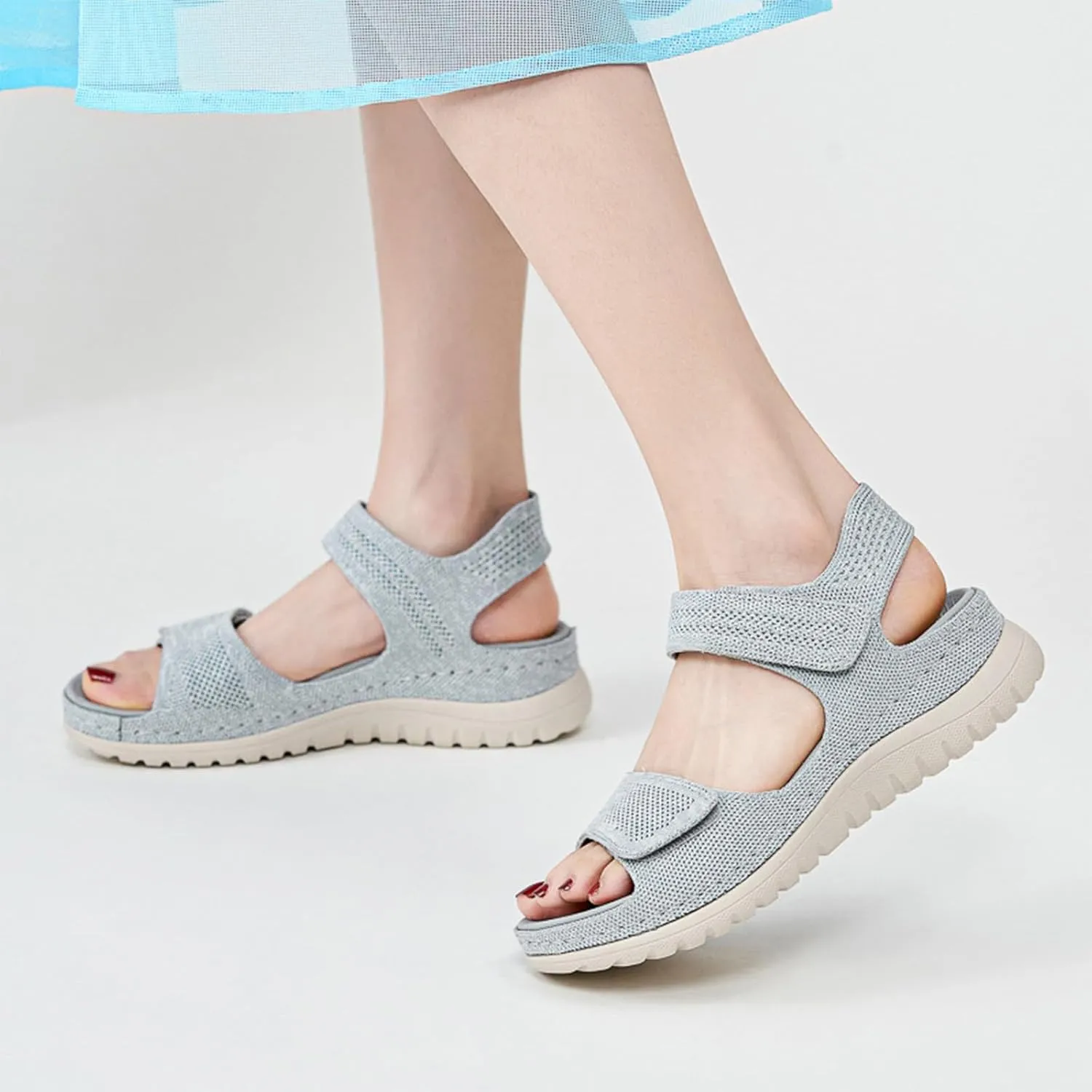 Women's Knitted Mesh Platform Walking Sandals with Arch Support Adjustable Hook and Loop Open Toe Breathable Soft Sole Mam Sandals Lightweight Non-Slip Casual Beach Sandals