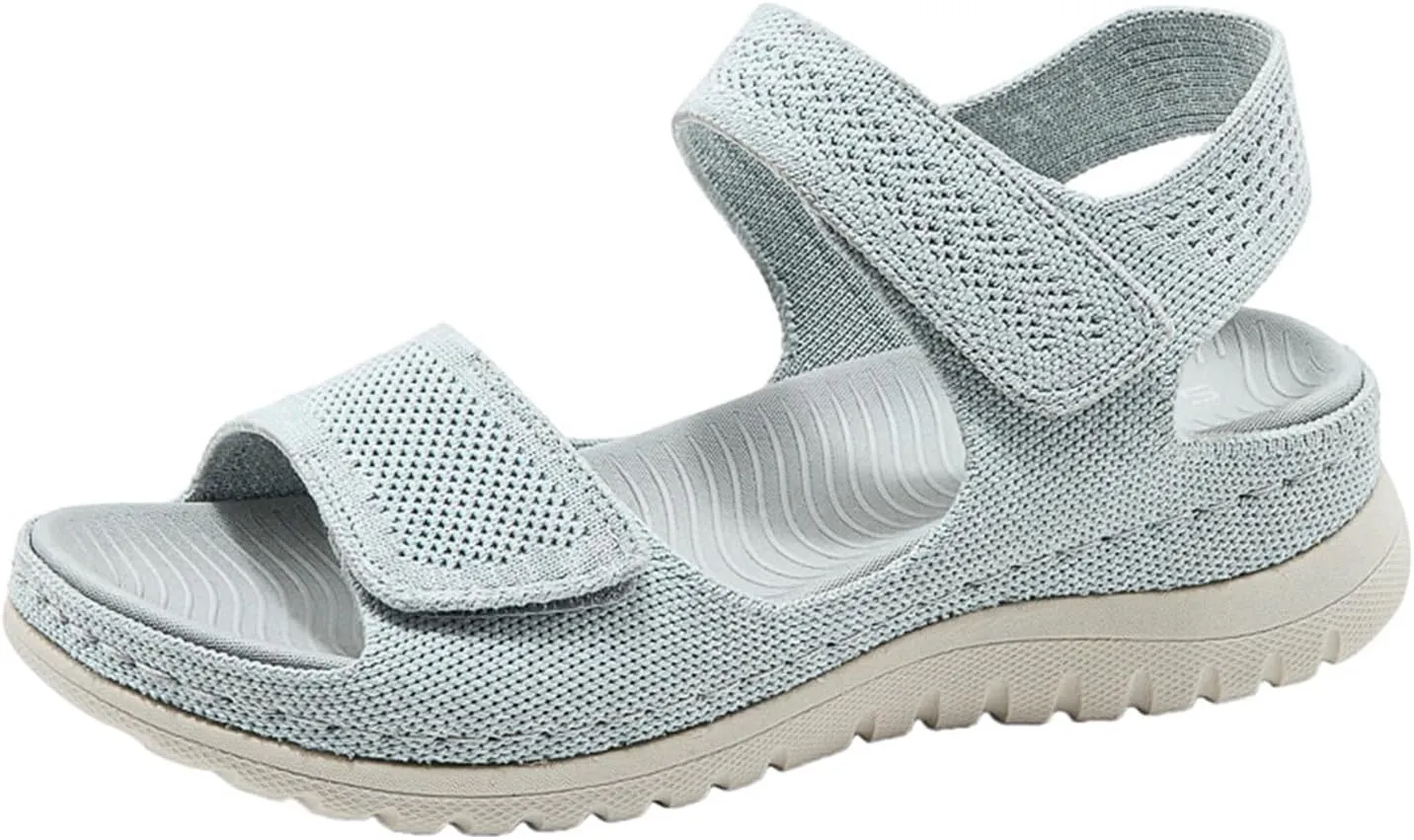 Women's Knitted Mesh Platform Walking Sandals with Arch Support Adjustable Hook and Loop Open Toe Breathable Soft Sole Mam Sandals Lightweight Non-Slip Casual Beach Sandals