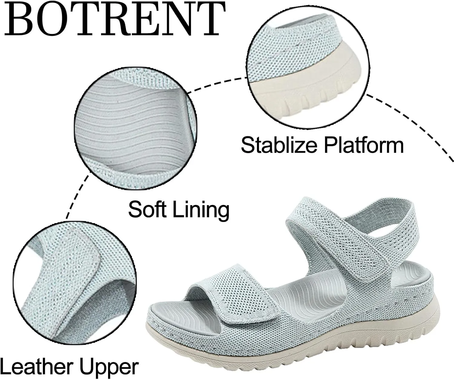 Women's Knitted Mesh Platform Walking Sandals with Arch Support Adjustable Hook and Loop Open Toe Breathable Soft Sole Mam Sandals Lightweight Non-Slip Casual Beach Sandals