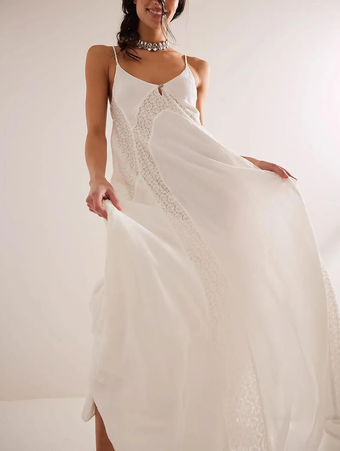 Women's Lace Panel Open Back Maxi Dress V Neck Keyhole Front Adjustable Tie-Back Long Dresses Wedding Guest Dress