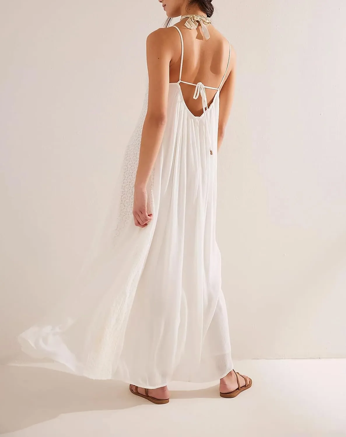 Women's Lace Panel Open Back Maxi Dress V Neck Keyhole Front Adjustable Tie-Back Long Dresses Wedding Guest Dress