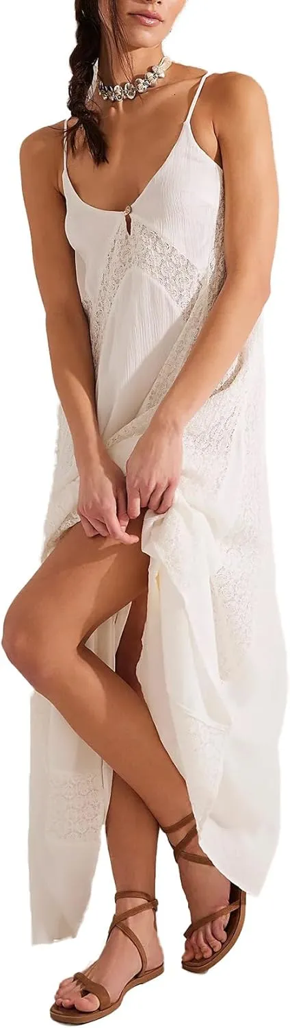 Women's Lace Panel Open Back Maxi Dress V Neck Keyhole Front Adjustable Tie-Back Long Dresses Wedding Guest Dress
