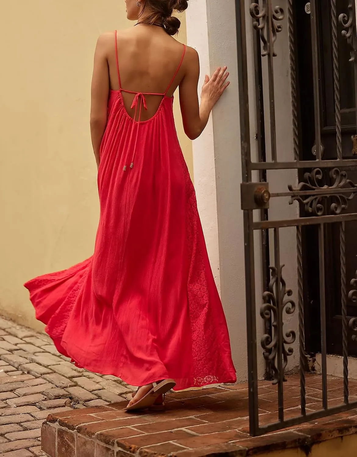 Women's Lace Panel Open Back Maxi Dress V Neck Keyhole Front Adjustable Tie-Back Long Dresses Wedding Guest Dress