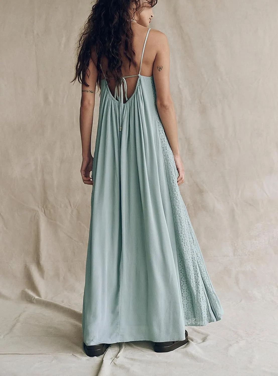 Women's Lace Panel Open Back Maxi Dress V Neck Keyhole Front Adjustable Tie-Back Long Dresses Wedding Guest Dress