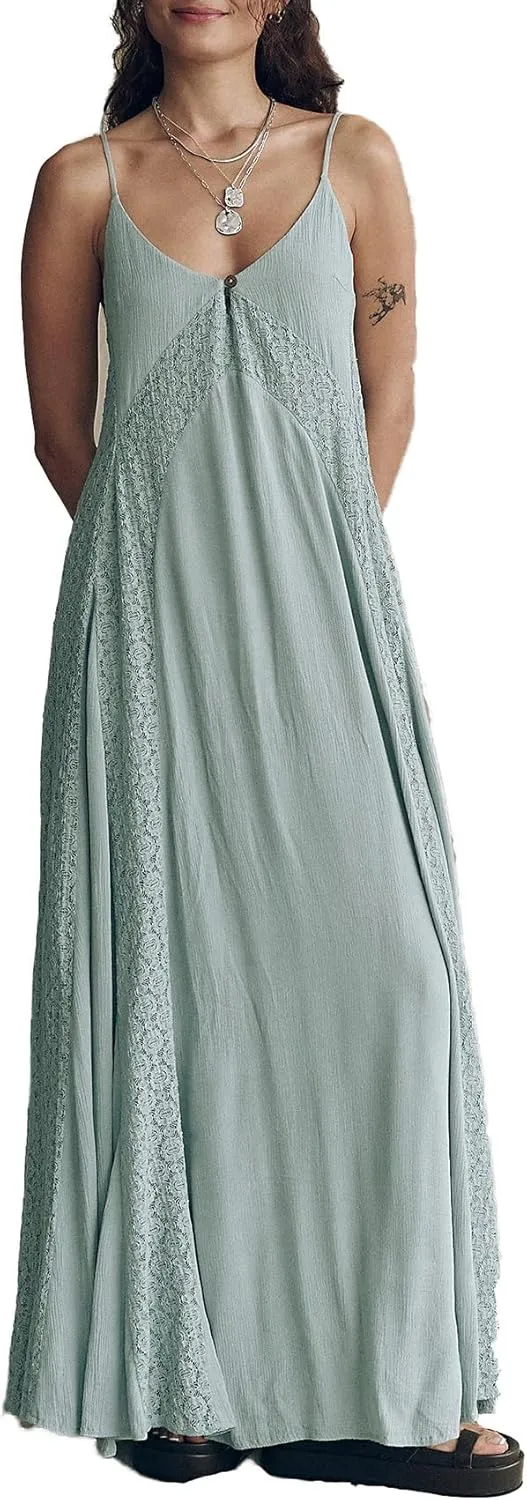 Women's Lace Panel Open Back Maxi Dress V Neck Keyhole Front Adjustable Tie-Back Long Dresses Wedding Guest Dress
