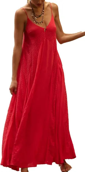 Women's Lace Panel Open Back Maxi Dress V Neck Keyhole Front Adjustable Tie-Back Long Dresses Wedding Guest Dress
