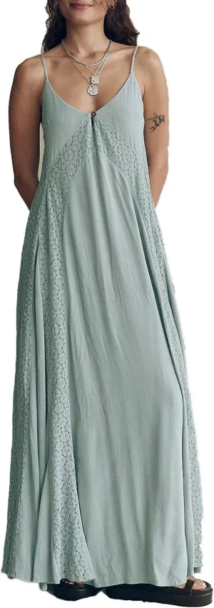 Women's Lace Panel Open Back Maxi Dress V Neck Keyhole Front Adjustable Tie-Back Long Dresses Wedding Guest Dress