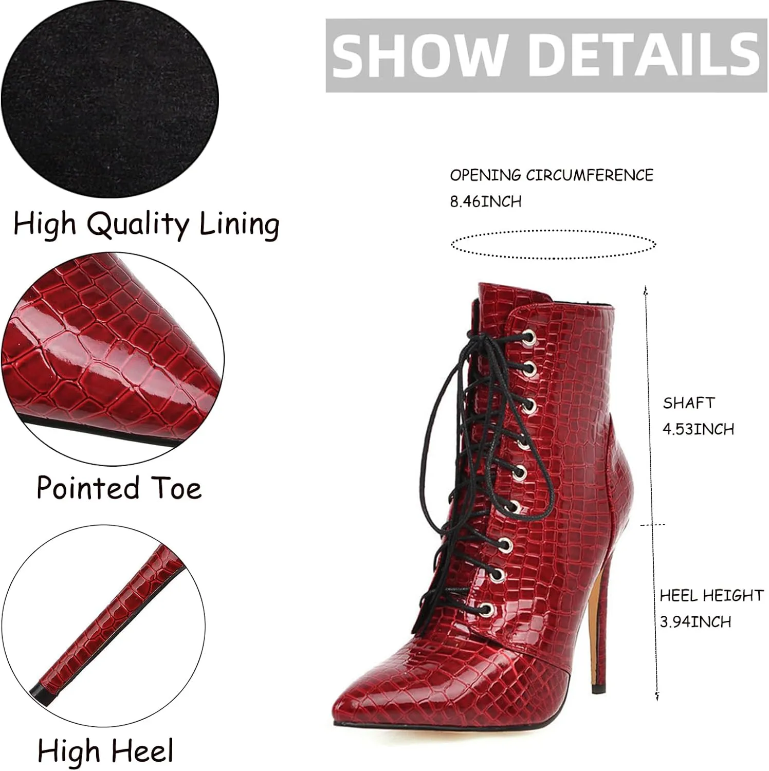 Women'S Leather Stiletto Lace Up Ankle Boots With Side Zip，Retro Brogue Pointed Toe High Heel Boots Stylish And Sexy Victorian Dress Booties.