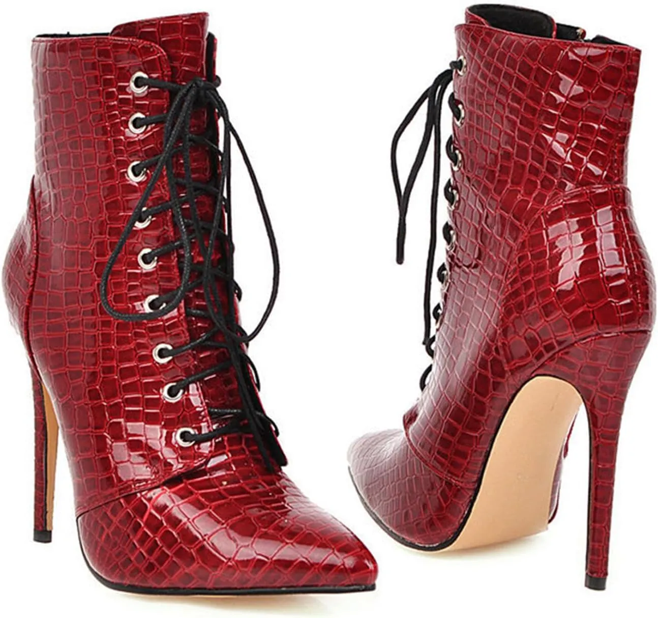 Women'S Leather Stiletto Lace Up Ankle Boots With Side Zip，Retro Brogue Pointed Toe High Heel Boots Stylish And Sexy Victorian Dress Booties.