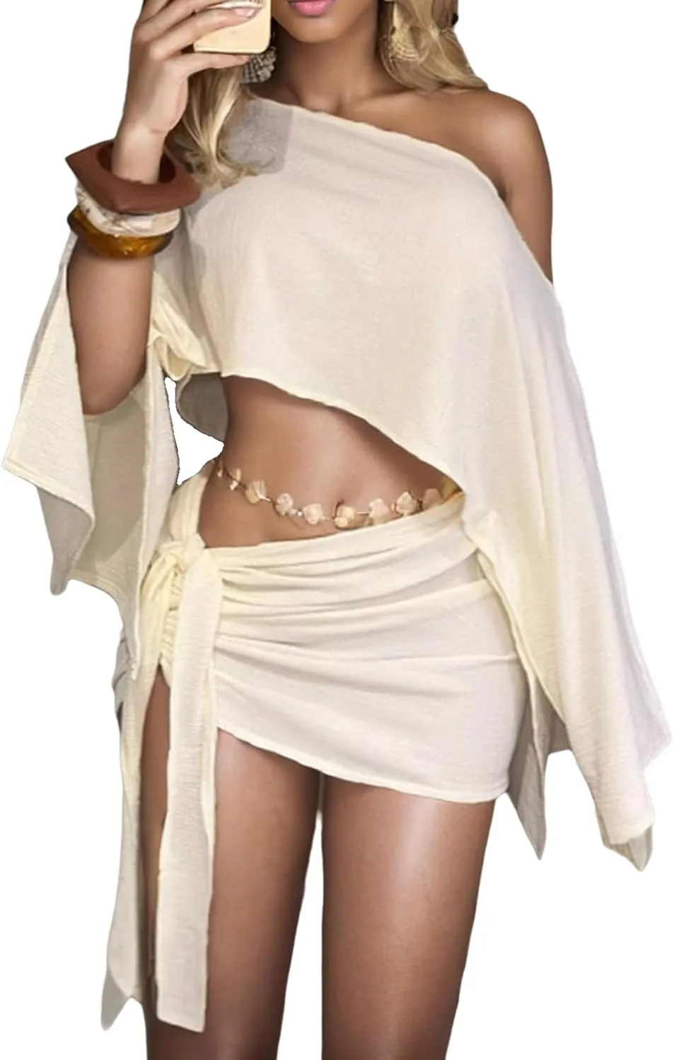 Women's Linen 2 Piece Set Bathing Suit Cover Up Y2K Long Bell Sleeve Wrap Mini Skirt Sarong Bikini Swimsuit Coverup
