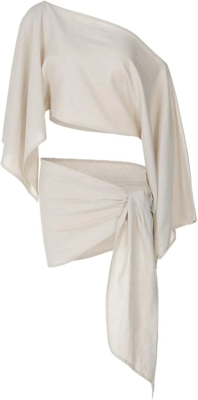 Women's Linen 2 Piece Set Bathing Suit Cover Up Y2K Long Bell Sleeve Wrap Mini Skirt Sarong Bikini Swimsuit Coverup