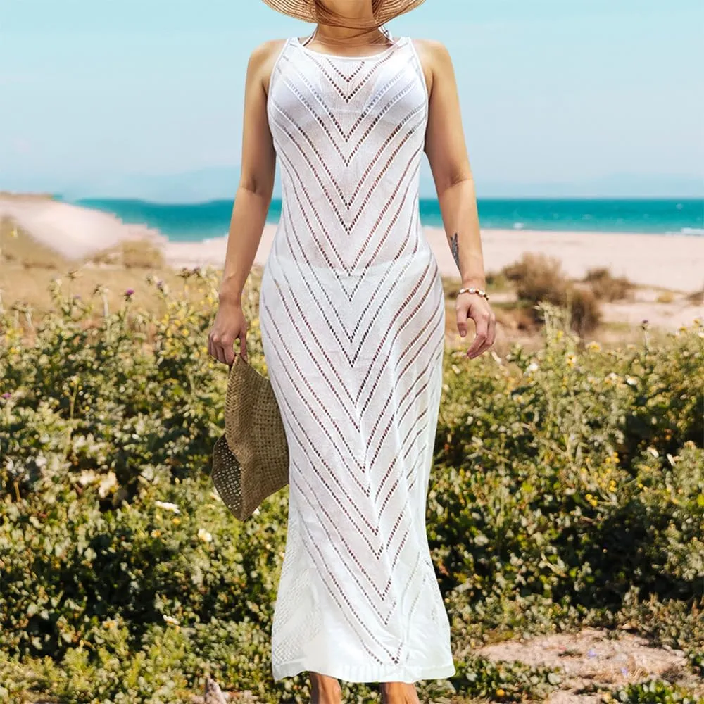 Women's Long Sleeveless Crochet Swim Cover Up - 2025 Summer Mesh Beach Dress, Bikini Coverup, Vacation Essential