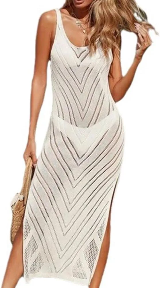 Women's Long Sleeveless Crochet Swim Cover Up - 2025 Summer Mesh Beach Dress, Bikini Coverup, Vacation Essential