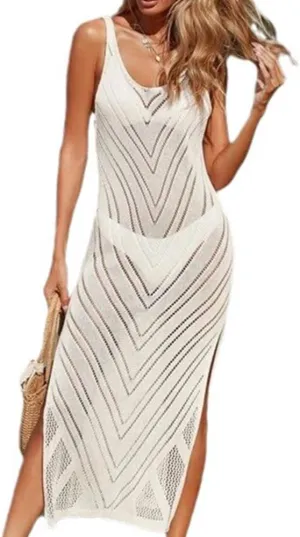 Women's Long Sleeveless Crochet Swim Cover Up - 2025 Summer Mesh Beach Dress, Bikini Coverup, Vacation Essential