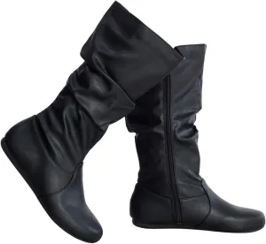 Womens Low Heel Mid-Calf Slouchy Suede Slip On Casual Boots with Side Zipper