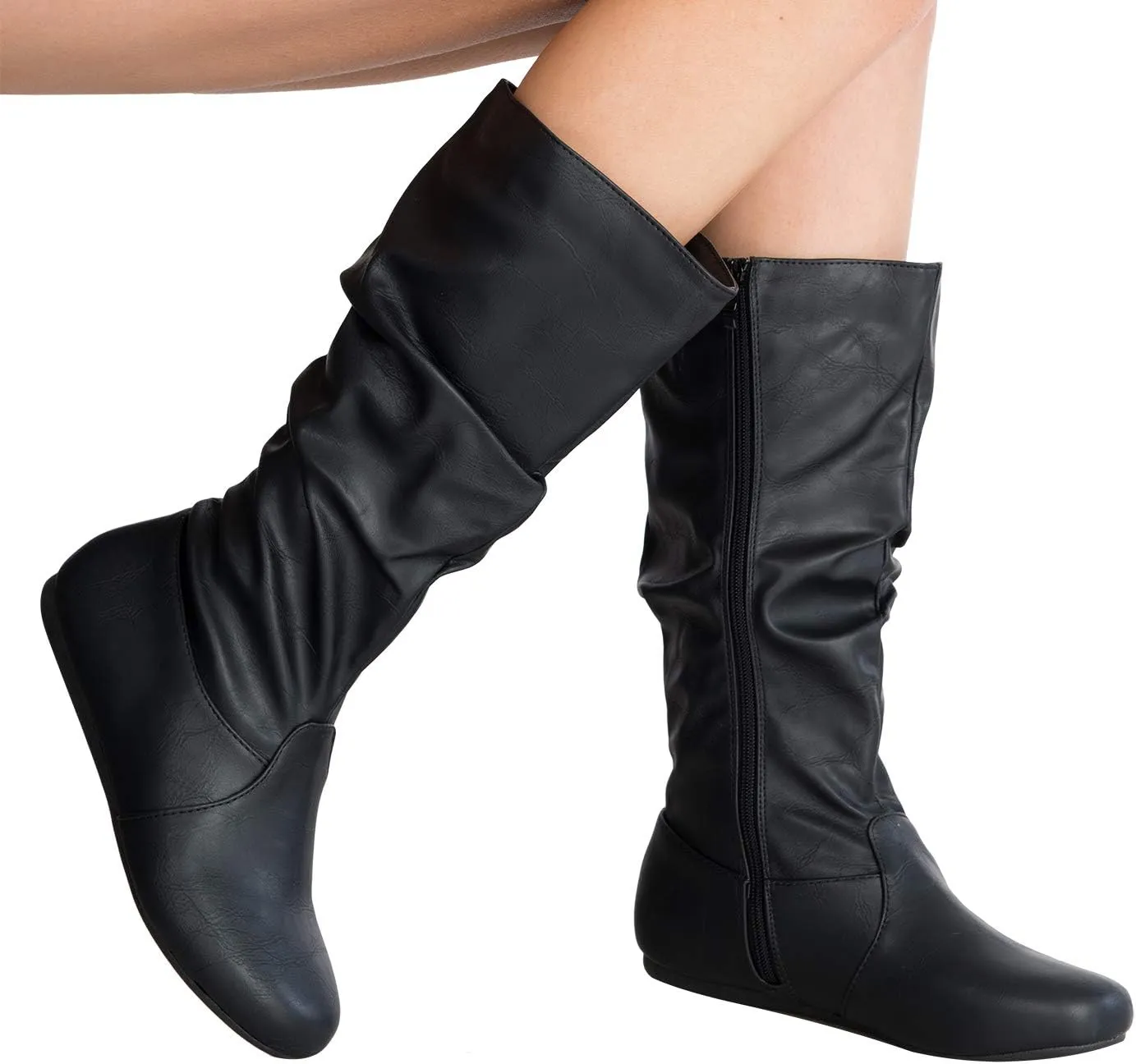 Womens Low Heel Mid-Calf Slouchy Suede Slip On Casual Boots with Side Zipper