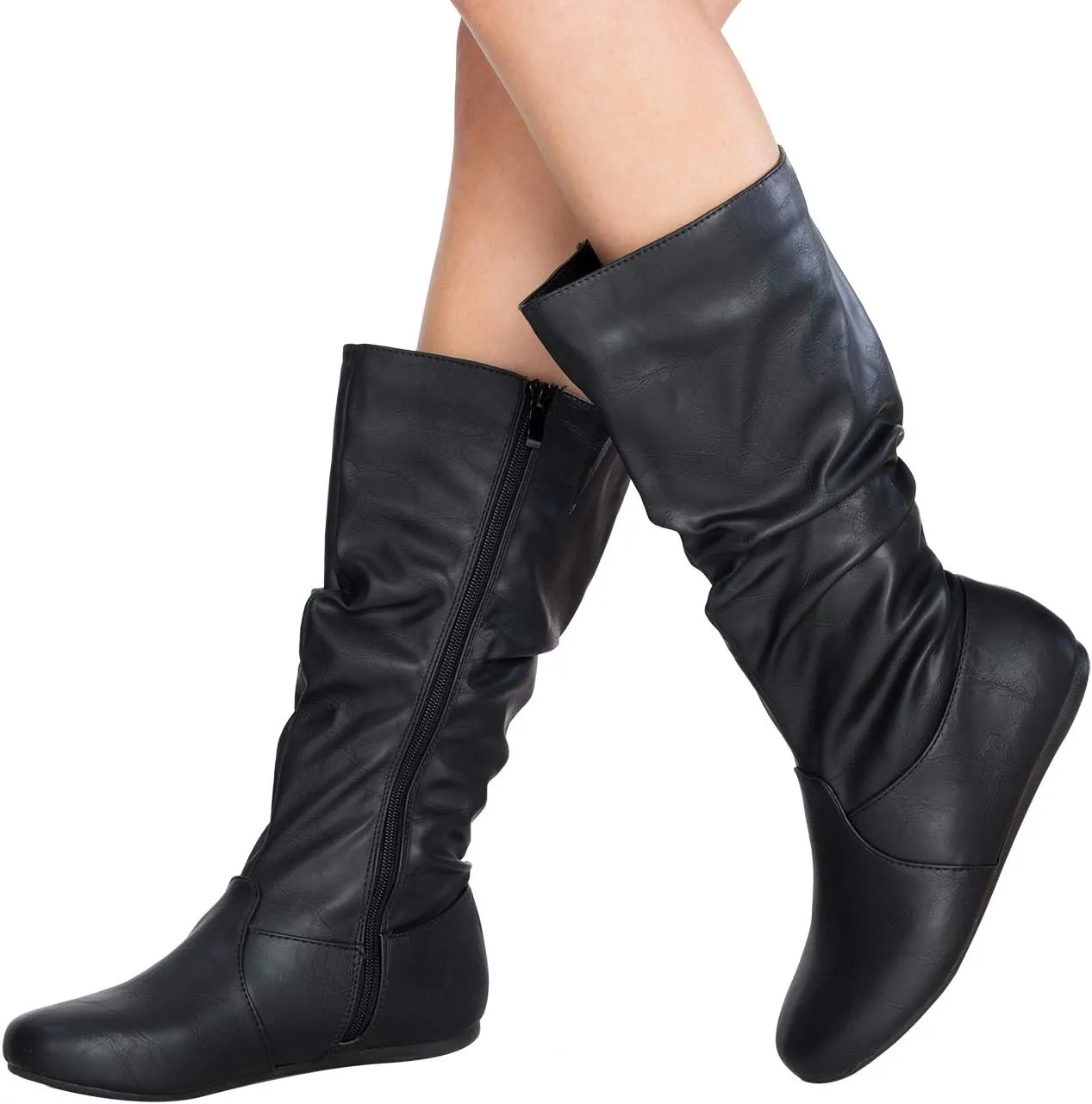 Womens Low Heel Mid-Calf Slouchy Suede Slip On Casual Boots with Side Zipper