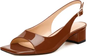 Womens Low Heel Slingbacks, Square Peep Toe Block Heel Sandals for Women, Comfort Heeled Casual Shoes