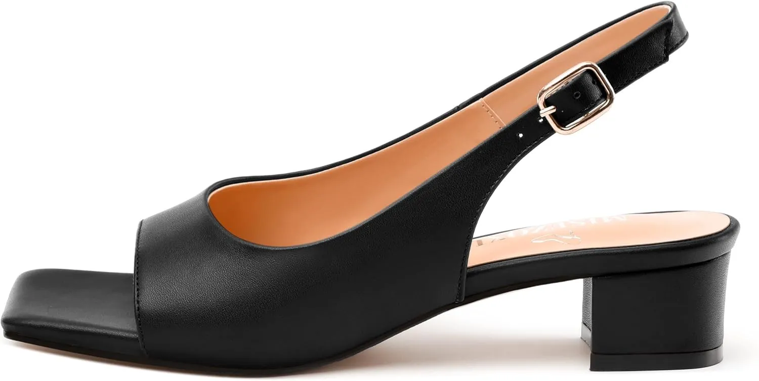 Womens Low Heel Slingbacks, Square Peep Toe Block Heel Sandals for Women, Comfort Heeled Casual Shoes