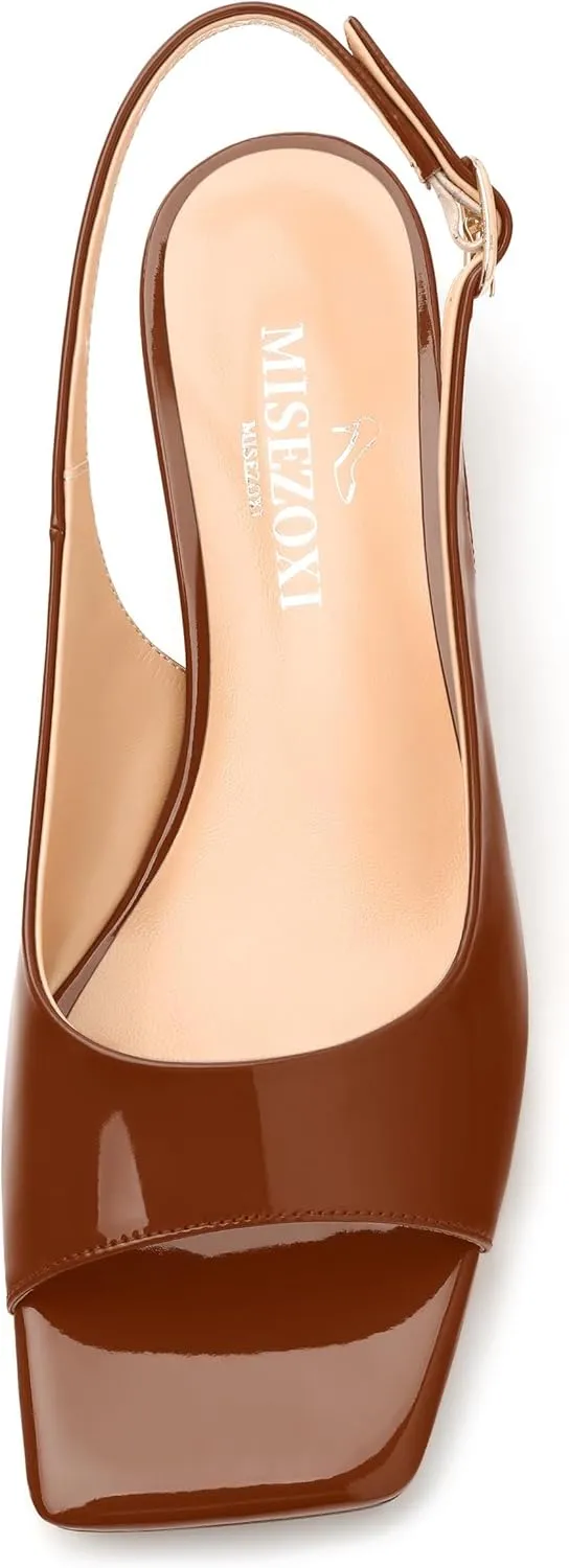 Womens Low Heel Slingbacks, Square Peep Toe Block Heel Sandals for Women, Comfort Heeled Casual Shoes