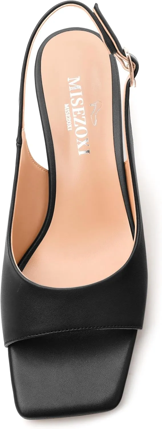 Womens Low Heel Slingbacks, Square Peep Toe Block Heel Sandals for Women, Comfort Heeled Casual Shoes