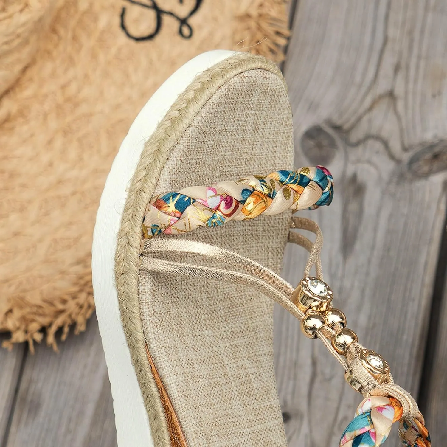Womens Low Wedge Heels Sandals Shoes,Wide Width Platform Wedge Sandals for Women Summer Dressy,Comfort Walking Non Slip Casual Summer Beach Sandals Ankle Elastic Bohemian Woven Sandals
