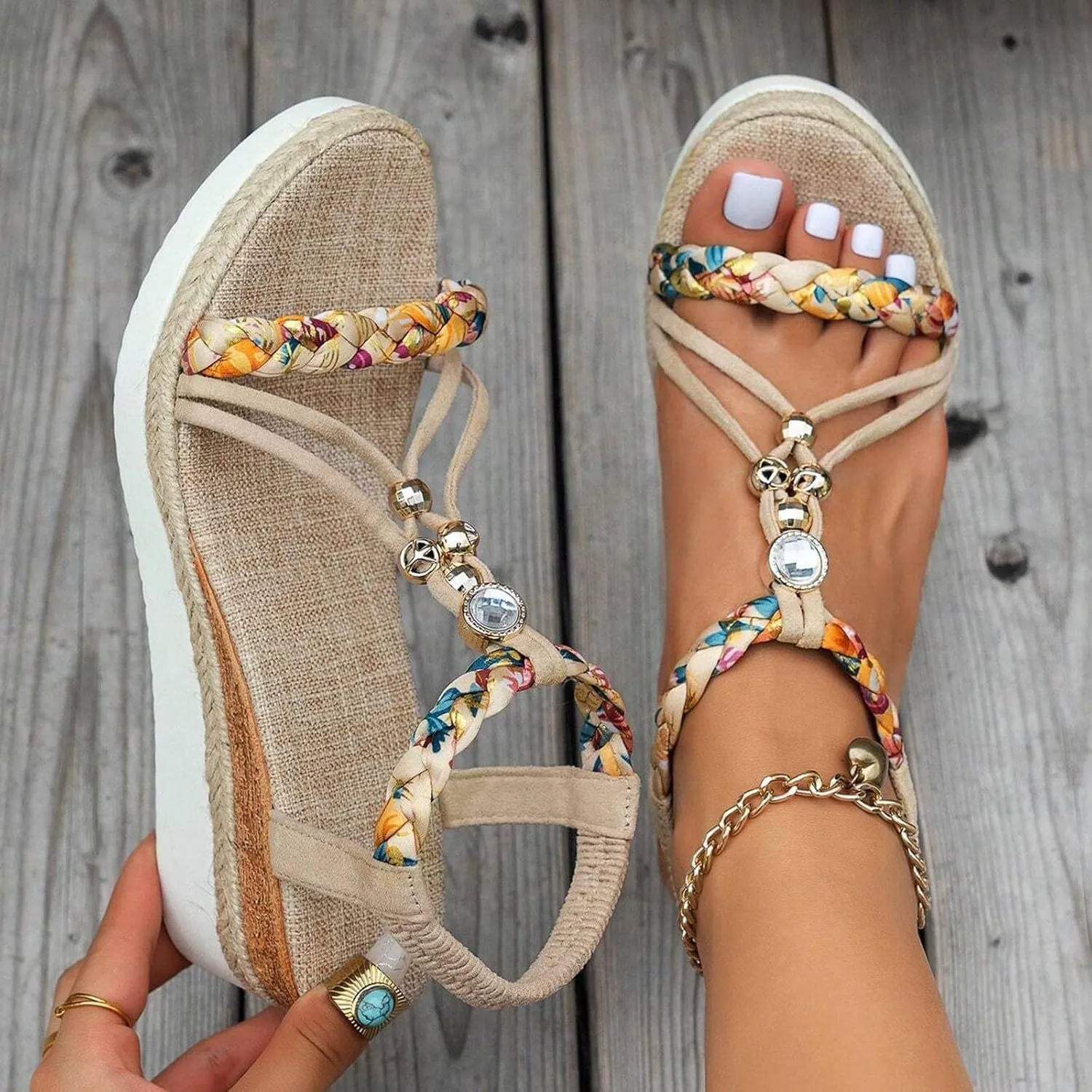Womens Low Wedge Heels Sandals Shoes,Wide Width Platform Wedge Sandals for Women Summer Dressy,Comfort Walking Non Slip Casual Summer Beach Sandals Ankle Elastic Bohemian Woven Sandals